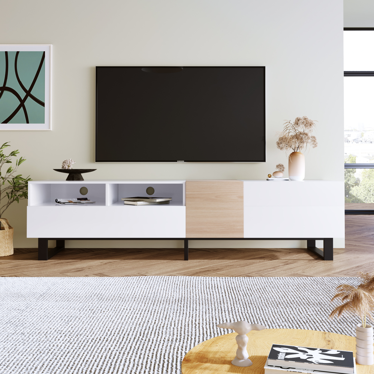Modern TV Stand for 80'' Inch TV, Entertainment Center with Double