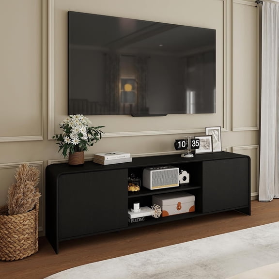 Modern TV Stand for 80 Inch TVs, Sleek Entertainment Center for Gaming & Social Parties, Black Media Console Cabinet with Storage & Rounded Arc Design