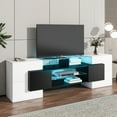 thumbnail image 1 of Modern TV Stand up to 80 Inches, Unique Shape Entertainment Center with 2 Illuminated Glass Shelves, High Gloss Media TV Console Table with LED Color Changing Lights for Living Room, White+Black, 1 of 8
