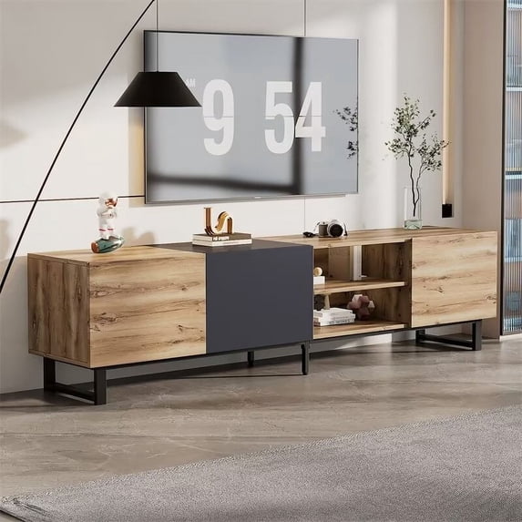 Modern TV Stand for 80'' TV with Double Storage Space, Media Entertainment Center with Drop Down Door, TV Console Table for Living Room Bedroom Home Theatre, Wood+Dark Grey