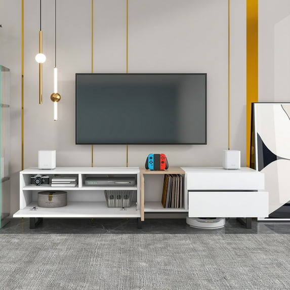 Modern TV Stand for 80" TV, Entertainment Center with Drop Down Doors Design and Cable Management, Multi-Purpose TV Console Table with Concealed Storage and Adjustable Shelf for Living Room, White