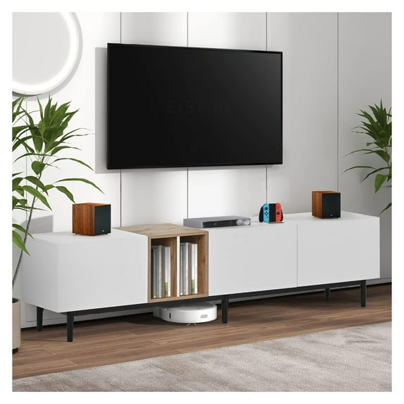 Modern TV Stand for 80" TV with Three Doors, Media Console Table, Entertainment Center with Large Storage Cabinet for Bedroom, Living Room, Bedroom, White