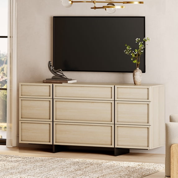 Modern TV Stand with 9 Drawers and T-Shaped Wood Legs, Picture Frame ...