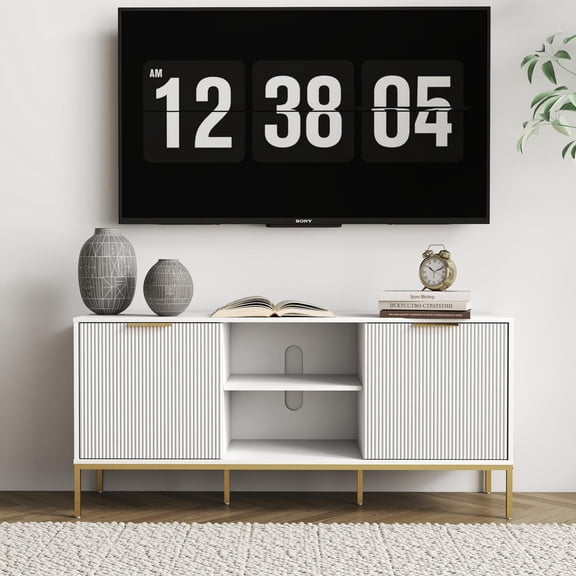 Modern TV Stand with Artistic Wave-Pattern Doors for Concealed Storage, Open Middle Display Shelf, Removable Adjustable Shelf, White Finish with Gold Metal Legs, 47.2 Inch Wide