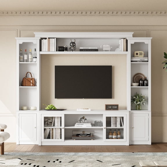 Modern TV Stand with Bookcase for TVs Up to 65-inch, Entertainment Center with 4 Adjustable Shelves and Tempered Glass Doors, Ample Storage Space TV Stand with Display Storage Cabinet, White