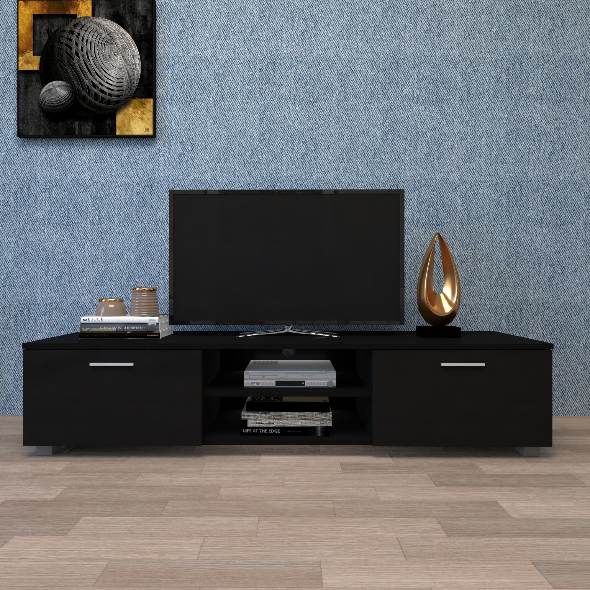 Modern TV Stand, TV Cabinet with 2-Tier Open Shelves and Double