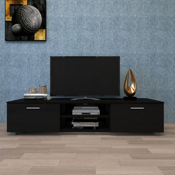 Modern TV Stand, TV Cabinet with 2-Tier Open Shelves and Double Doors with Storage, for TVs up to 70 inch, Wood Media Entertainment Center Console Table for Living Room, Bedroom, Black, D4663