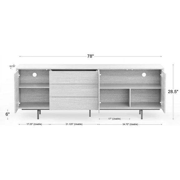 Modern TV Stand Cabinet with White , Black Base, 78" x 28", Walnut Frame