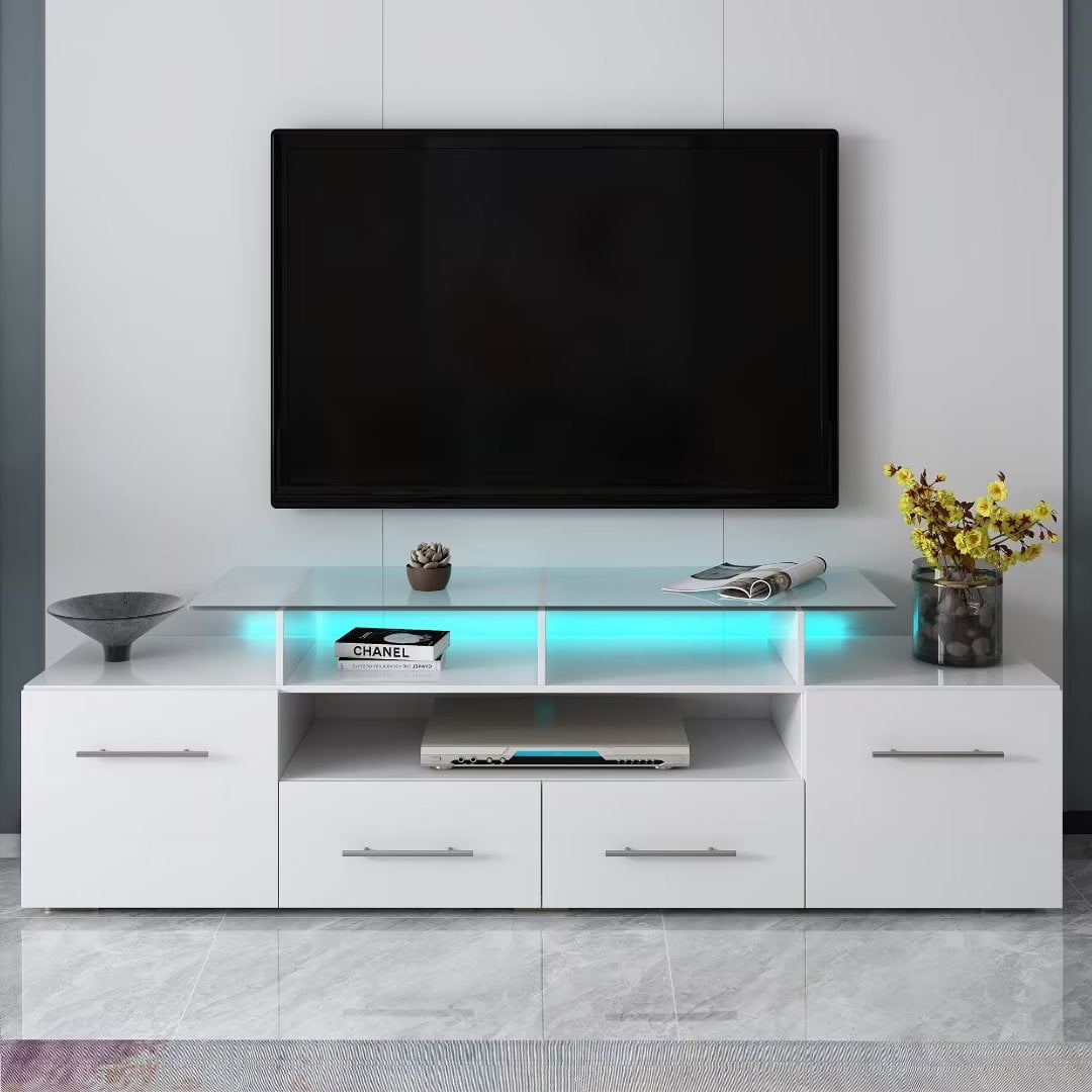 Modern TV Stand with Color Changing LED Lights, High Gloss TV