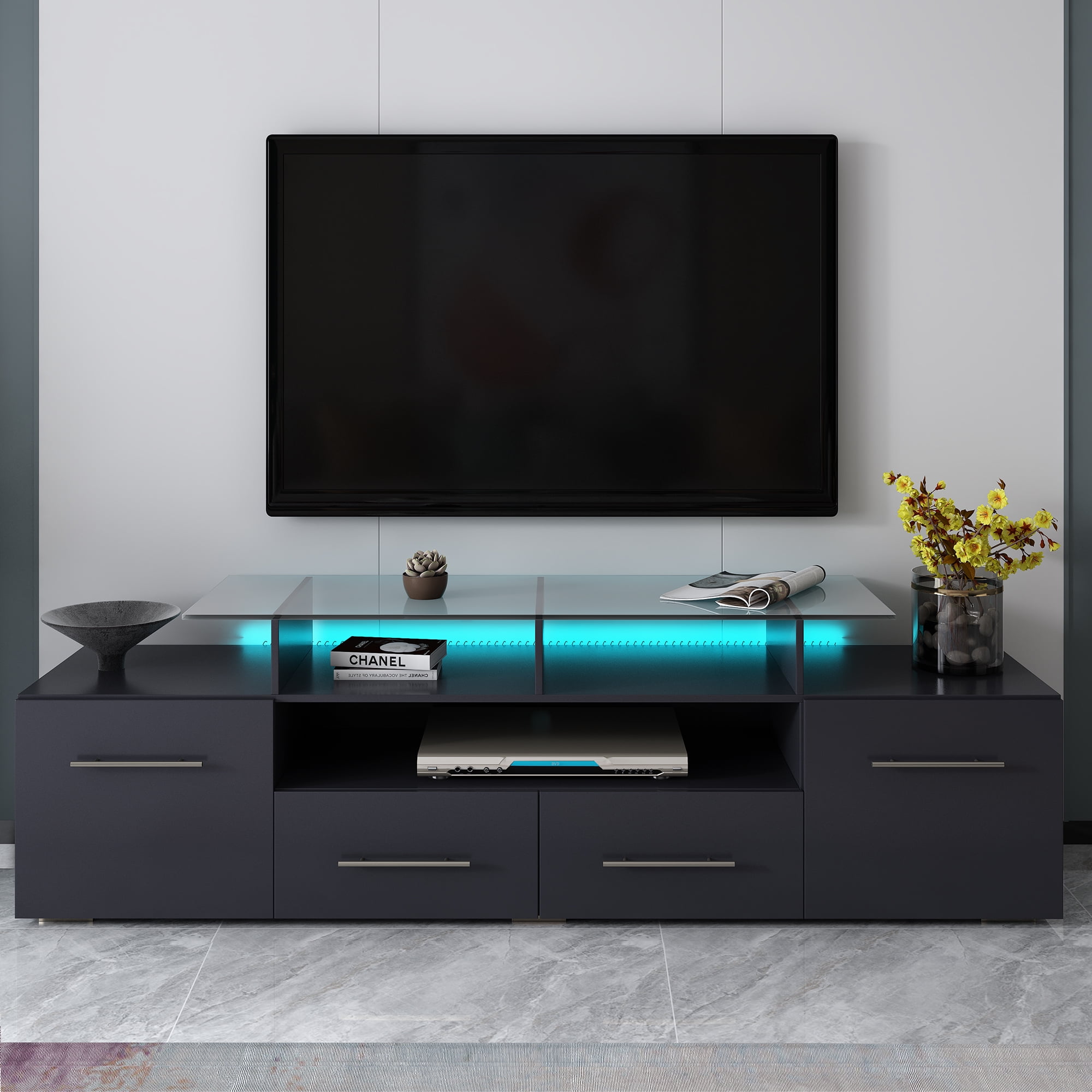 Modern TV Stand with Color Changing LED Lights, High Gloss TV