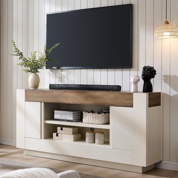 Modern TV Stand Console 70-inch TV Stand Antique White Engineered Wood 70 x 16 x 34 in Top Holds 300 lb Open Shelf with 2 Side Cabinets Cable Management Soft Close Doors