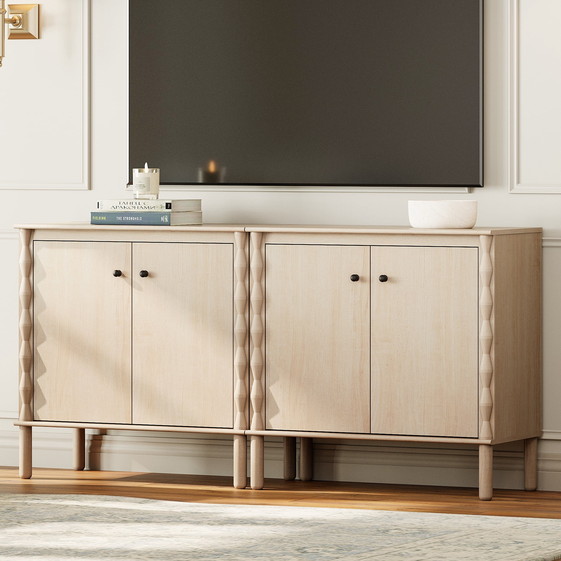 Modern TV Stand Console Table with Adjustable Shelf & 4 Soft-Close Doors，Natural