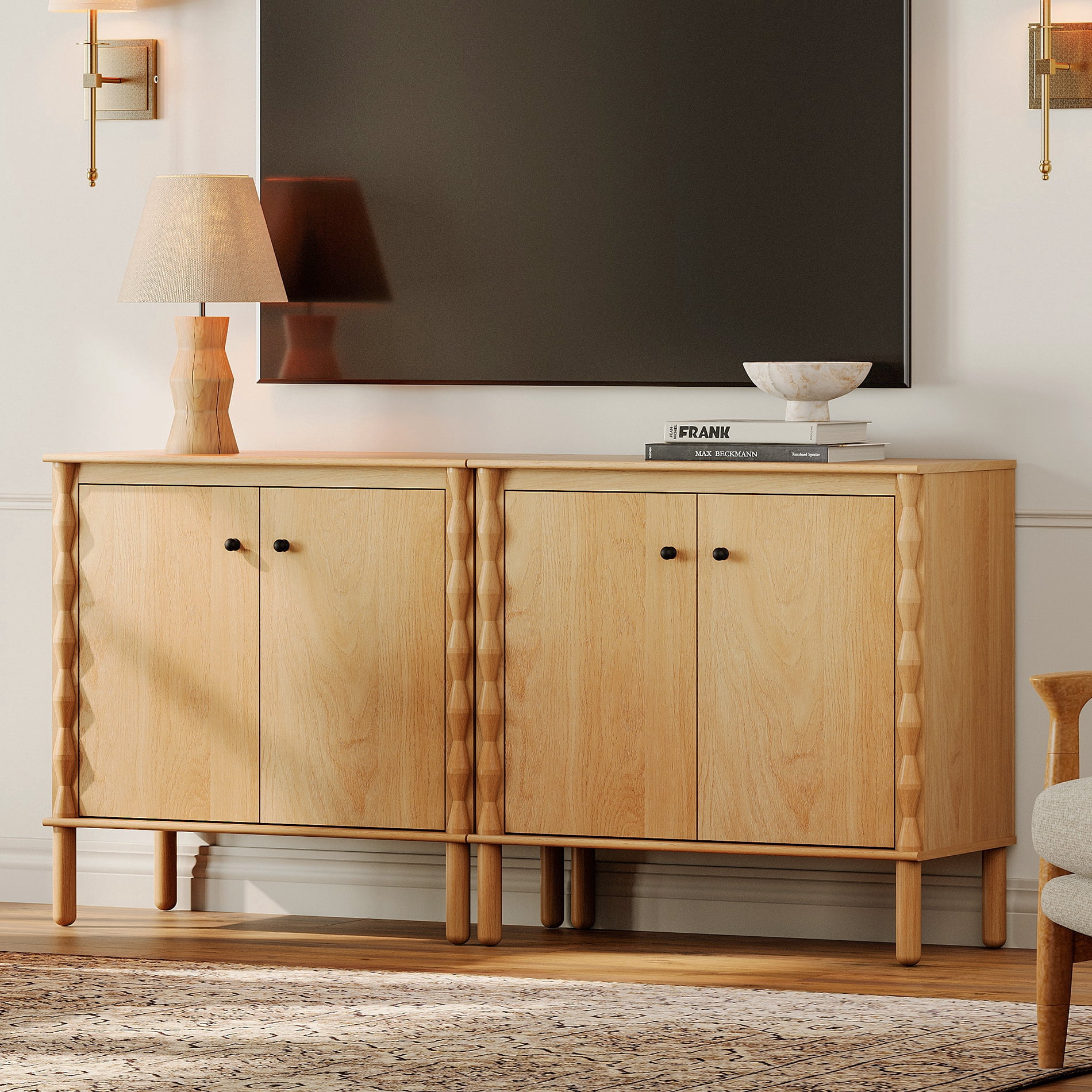 Modern TV Stand Console Table with Adjustable Shelf & 4 Soft-Close Doors，Oak