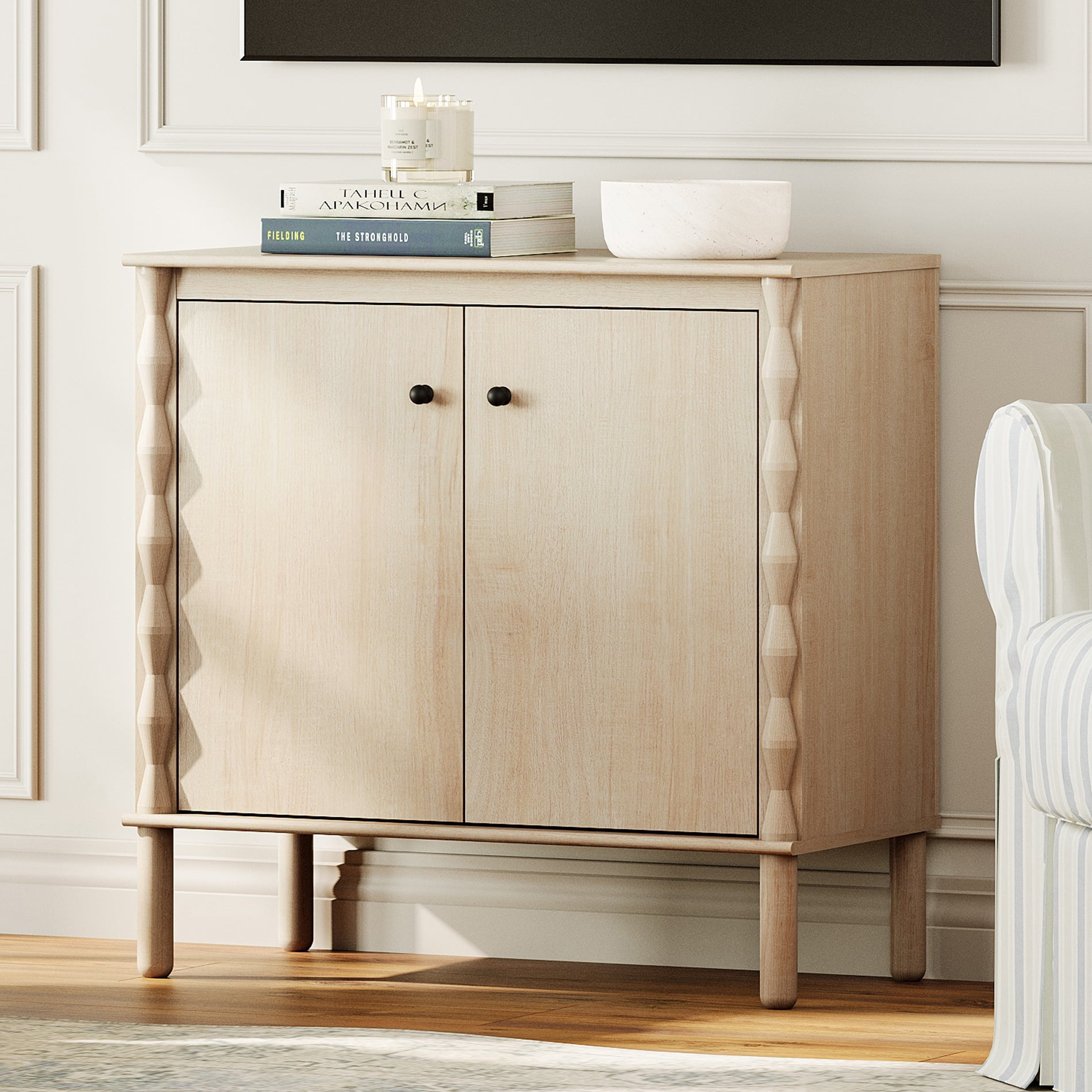 WAMPAT Modern TV Stand Console Table with Adjustable Shelf & Soft-Close Doors，Natural