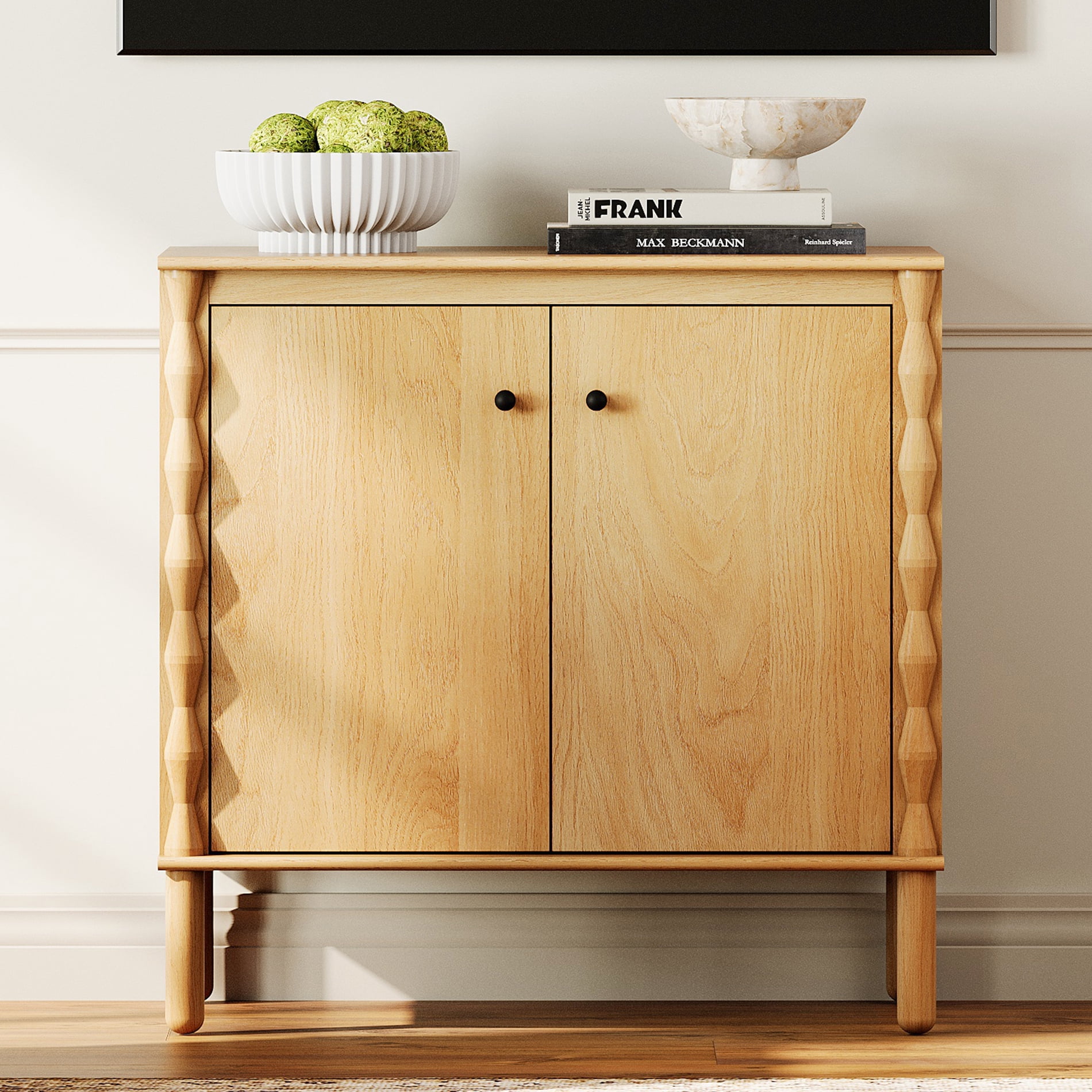 Modern TV Stand Console Table with Adjustable Shelf & Soft-Close Doors，Oak