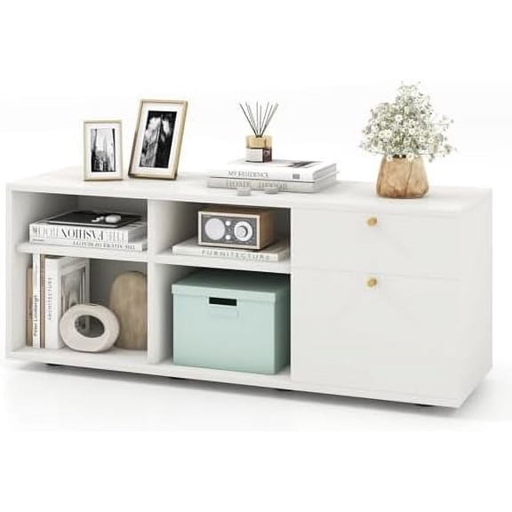 Modern TV Stand, Entryway Storage Cabinet with 2 Drawers, 4 Cubes & Adjustable Feet, Floor Display Cabinet, Console Cabinet for Home Office, White$$Home Decor, Kitchen, & Other
