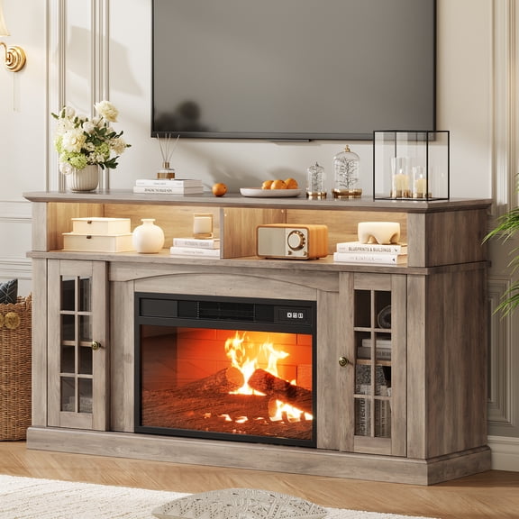 Modern TV Stand with Fireplace, for TVs up to 70", Wooden Entertainment Center with Adjustable Shelf & Glass Doors, for Living Room Console Table, Gray