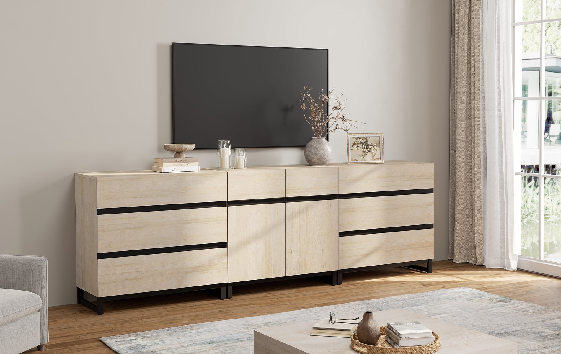 Modern TV Stand For Tvs Up To 100 Inch, 3-In-1 TV Console With Adjustable Shelves And 6 Drawers, Media Console For Living Room And Bedroom,Beige