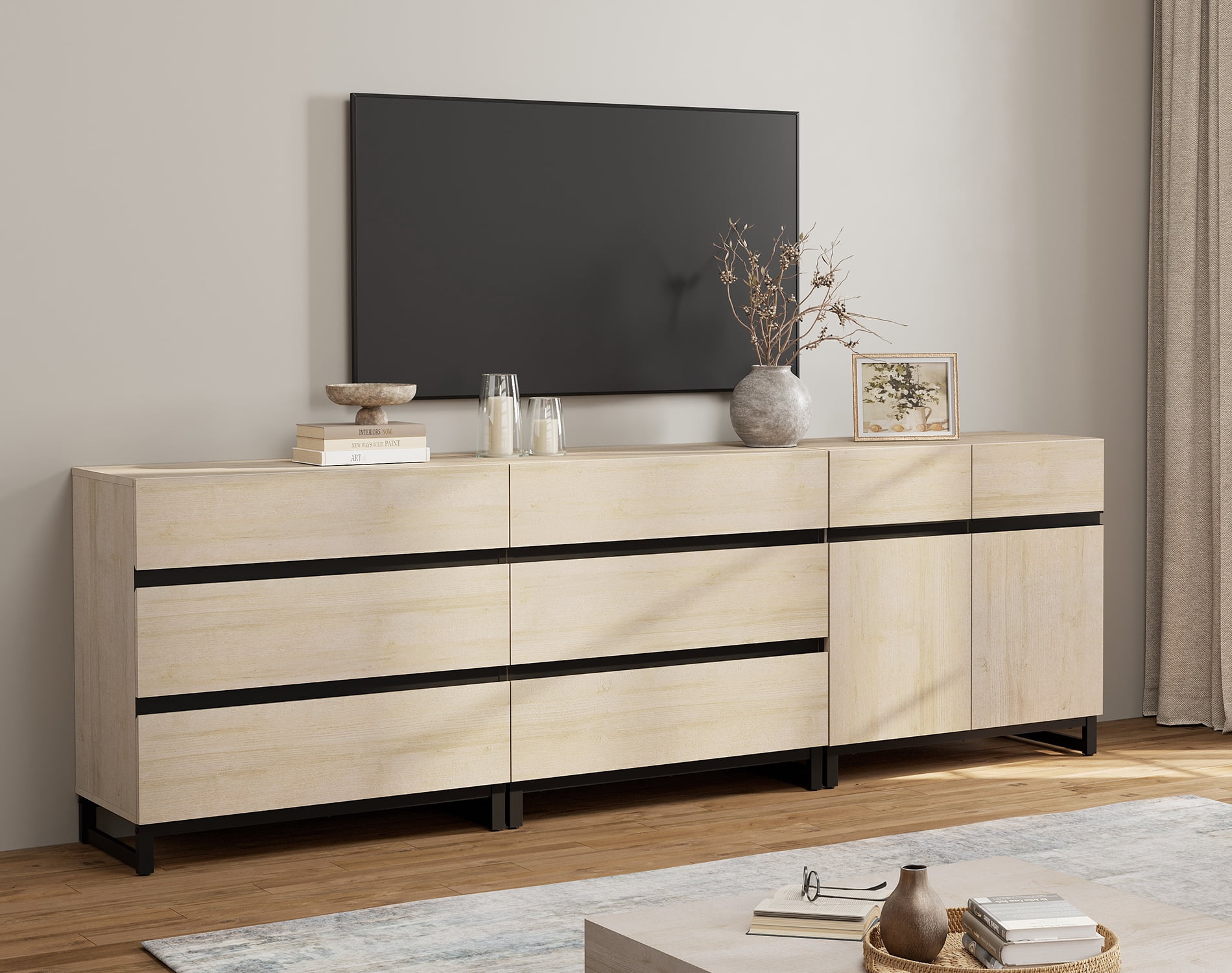 Modern TV Stand For Tvs Up To 100 Inch, 3-In-1 TV Console With Adjustable Shelves And 6 Drawers, Media Console For Living Room And Bedroom,Beige