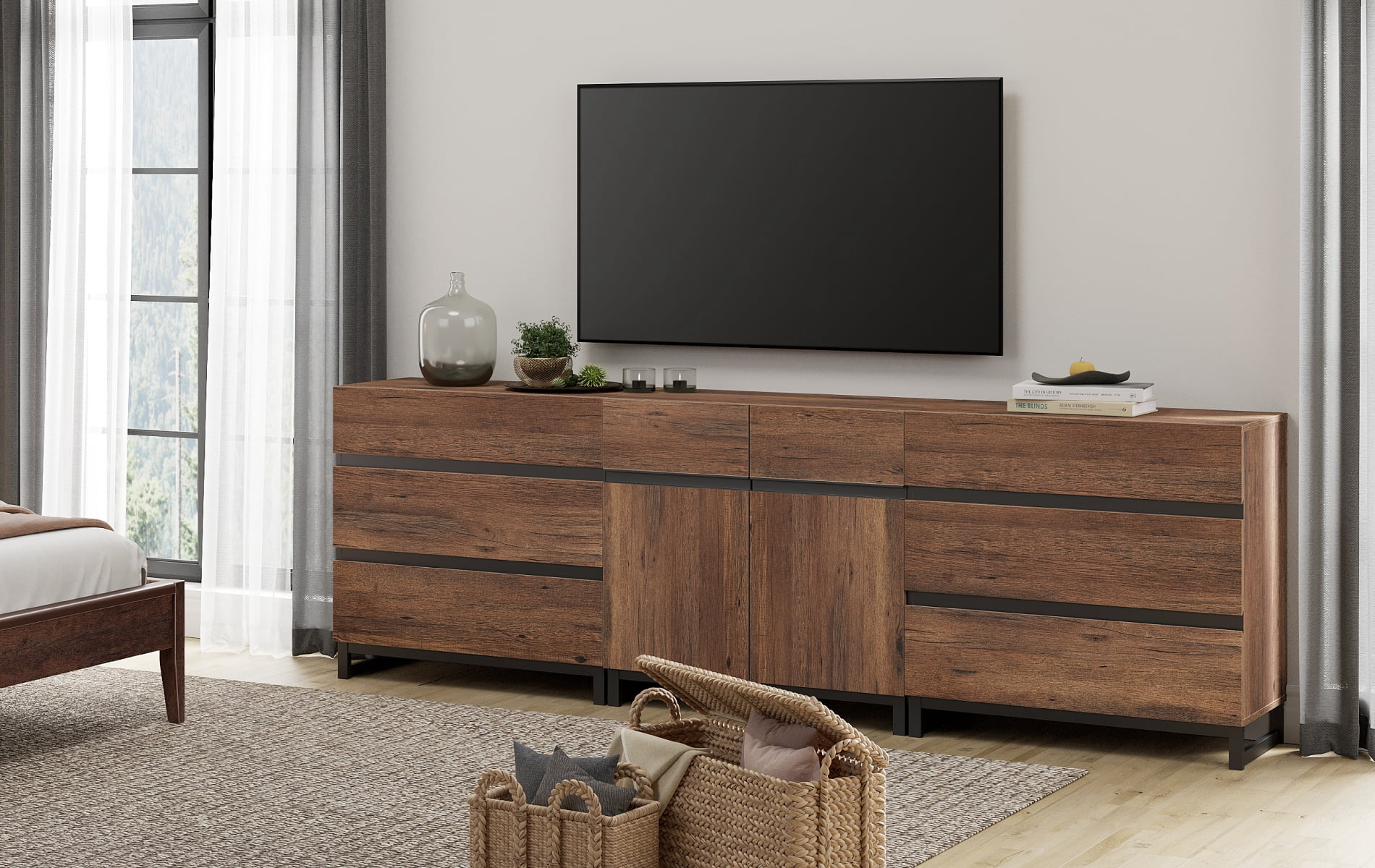 Modern TV Stand For Tvs Up To 100 Inch, 3-In-1 TV Console With Adjustable Shelves And 6 Drawers, Media Console For Living Room And Bedroom,Brown