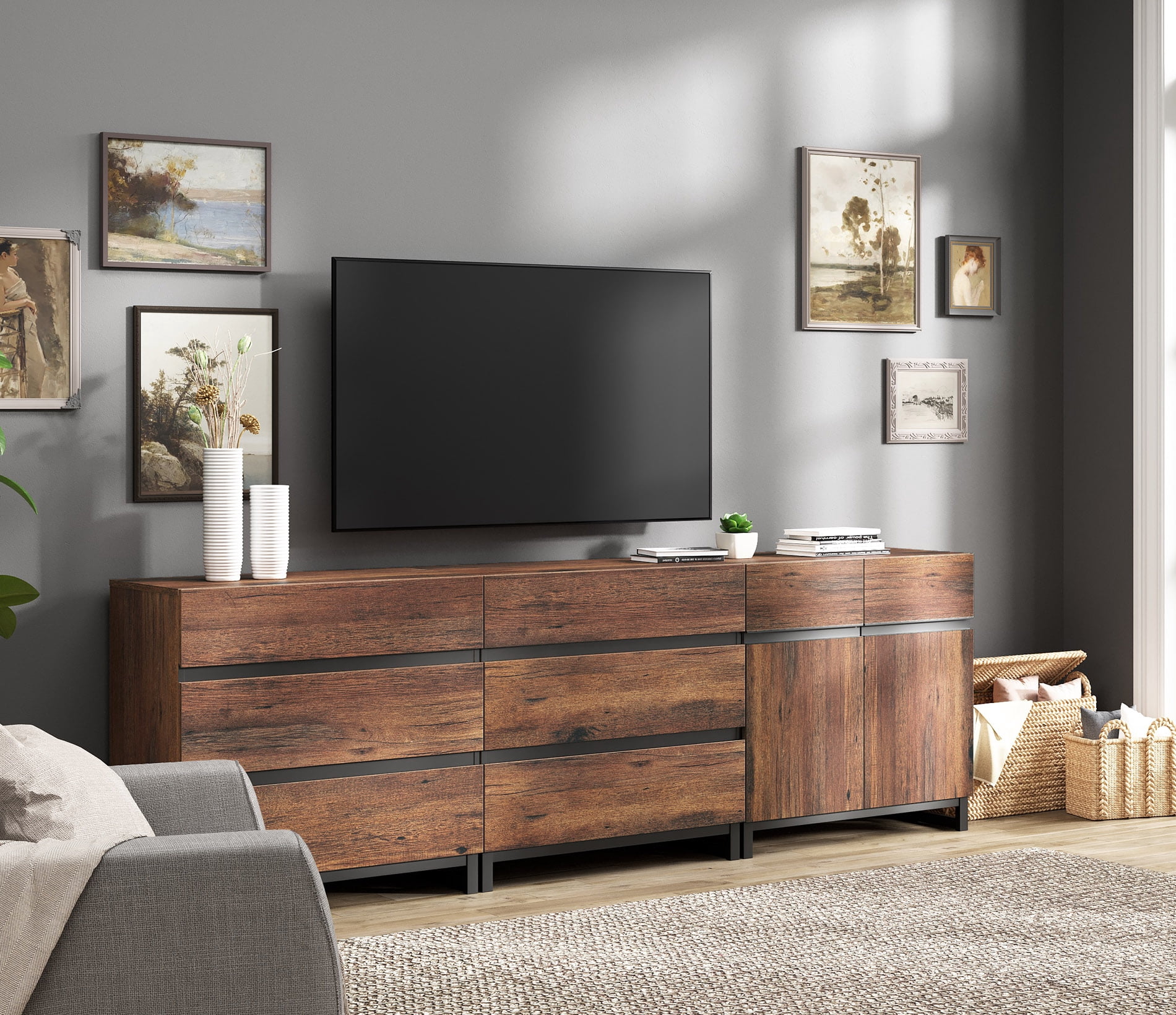 Modern TV Stand For Tvs Up To 100 Inch, 3-In-1 TV Console With Adjustable Shelves And 6 Drawers, Media Console For Living Room And Bedroom,Brown
