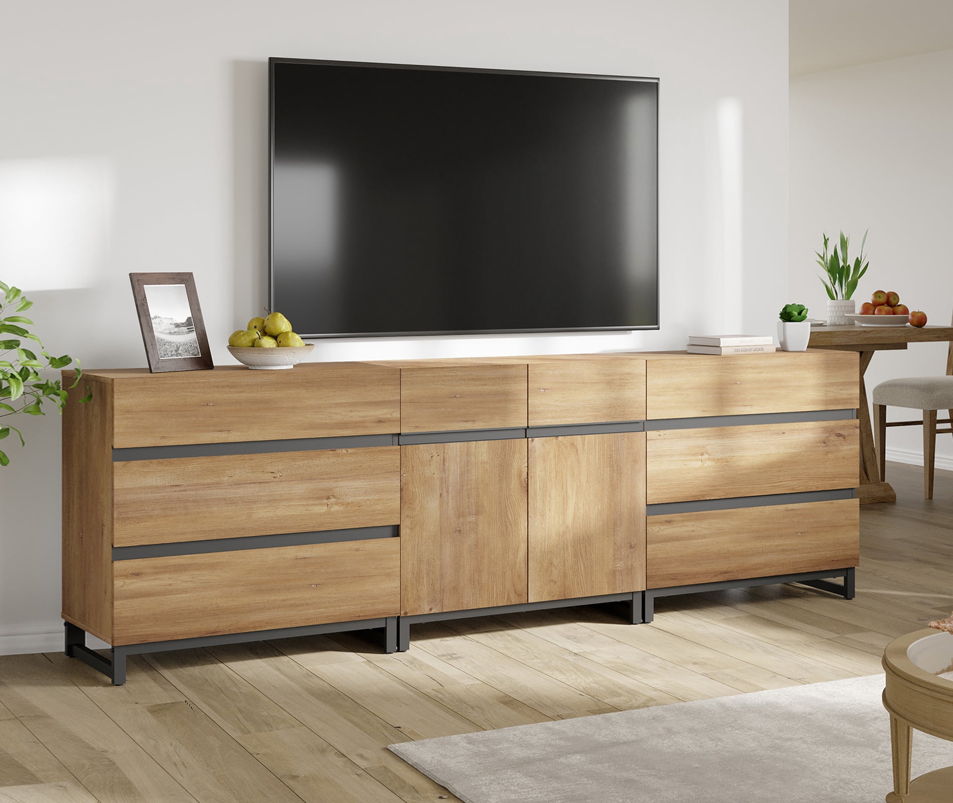 Modern TV Stand For Tvs Up To 100 Inch, 3-In-1 TV Console With Adjustable Shelves And 6 Drawers, Media Console For Living Room And Bedroom,Oak