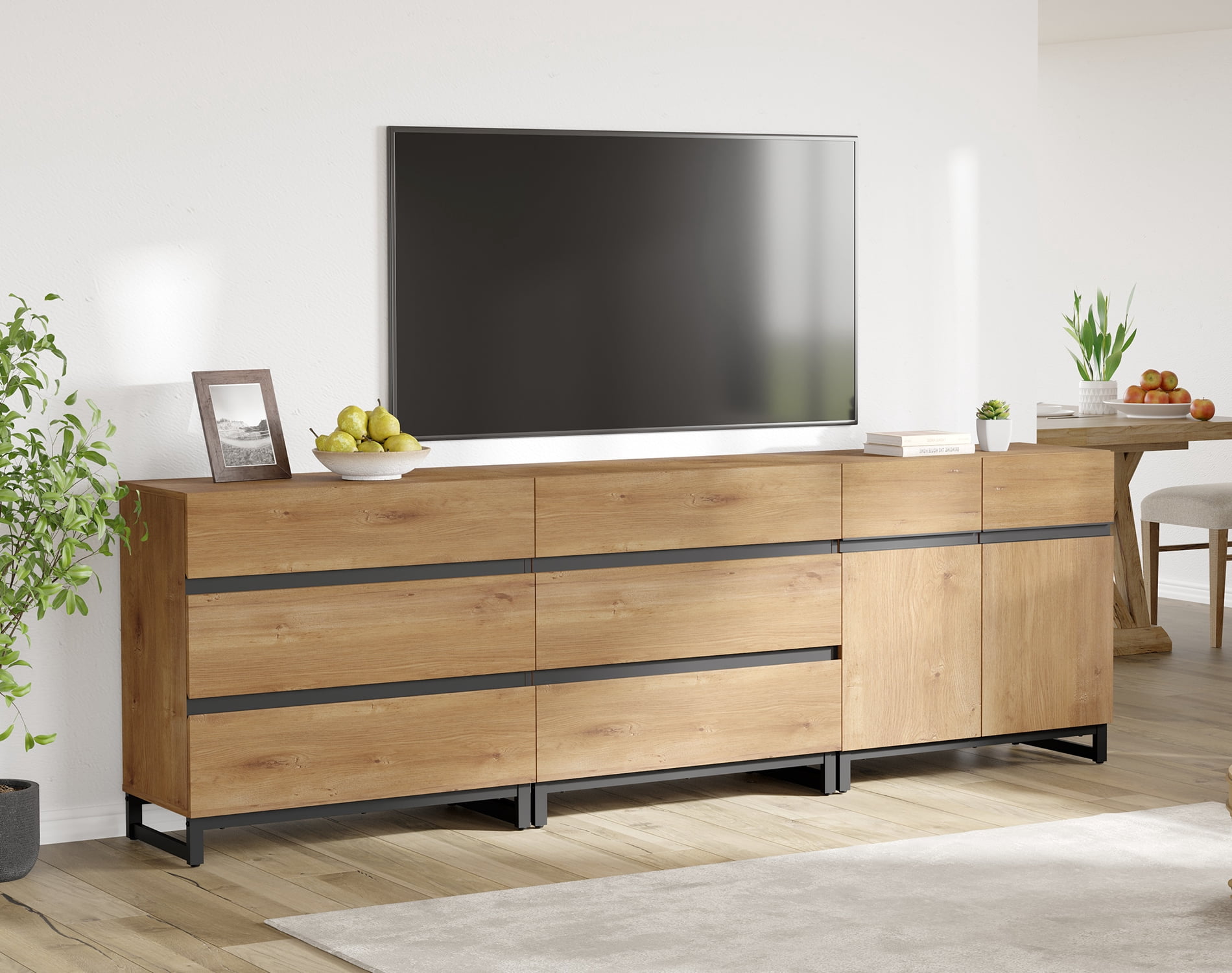 Modern TV Stand For Tvs Up To 100 Inch, 3-In-1 TV Console With Adjustable Shelves And 6 Drawers, Media Console For Living Room And Bedroom,Oak