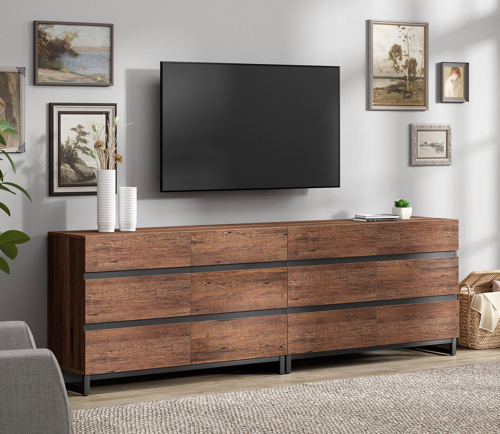 Modern TV Stand For Tvs Up To 100 Inch, Entertainment Center With 12 Drawers And Metal Base, Media Console For Living Room, Bedroom,Brown