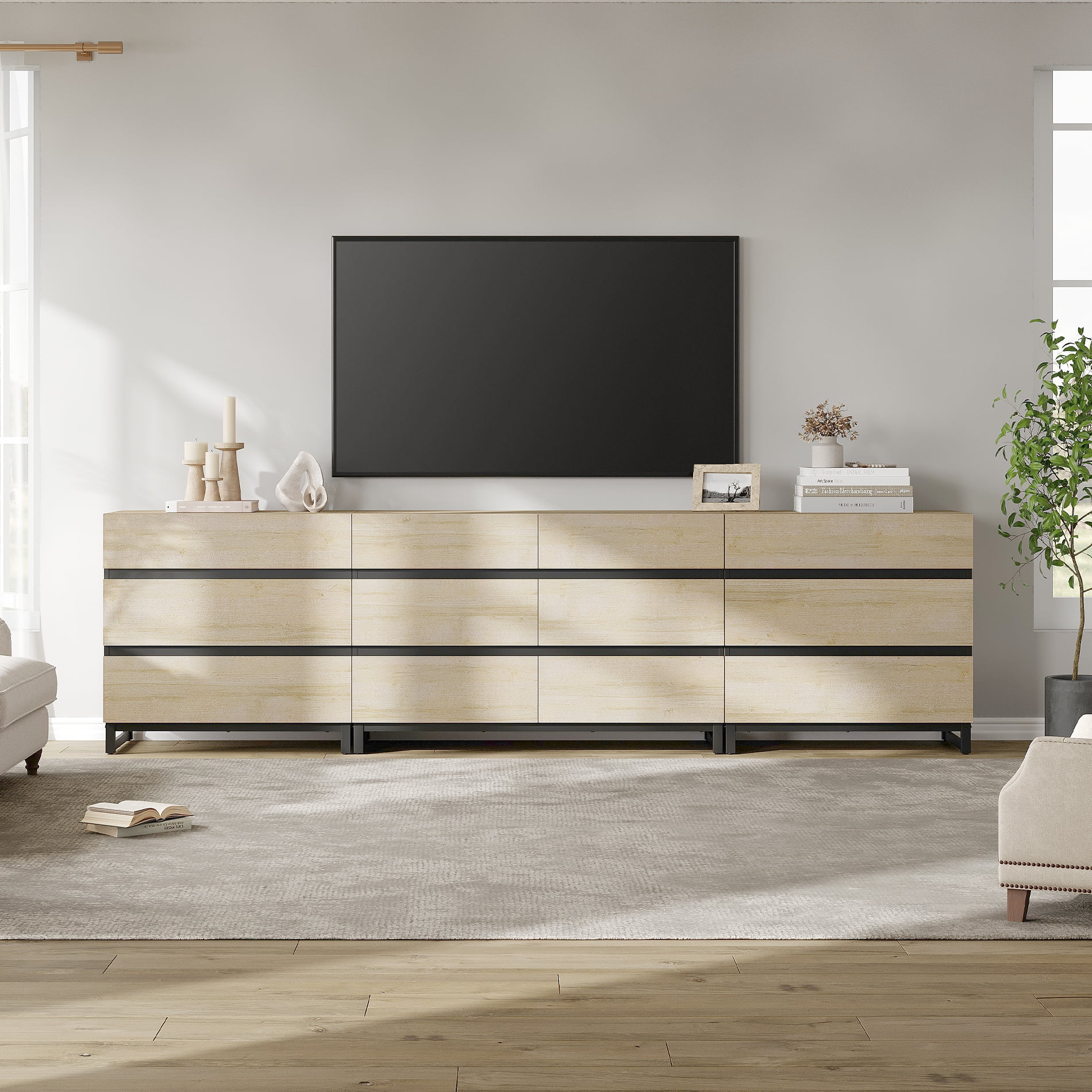 Modern TV Stand For Tvs Up To 120 Inches, 3 In 1 TV Console With 12 Drawers, Media Console With Adjustable Shelf For Living Room,Beige