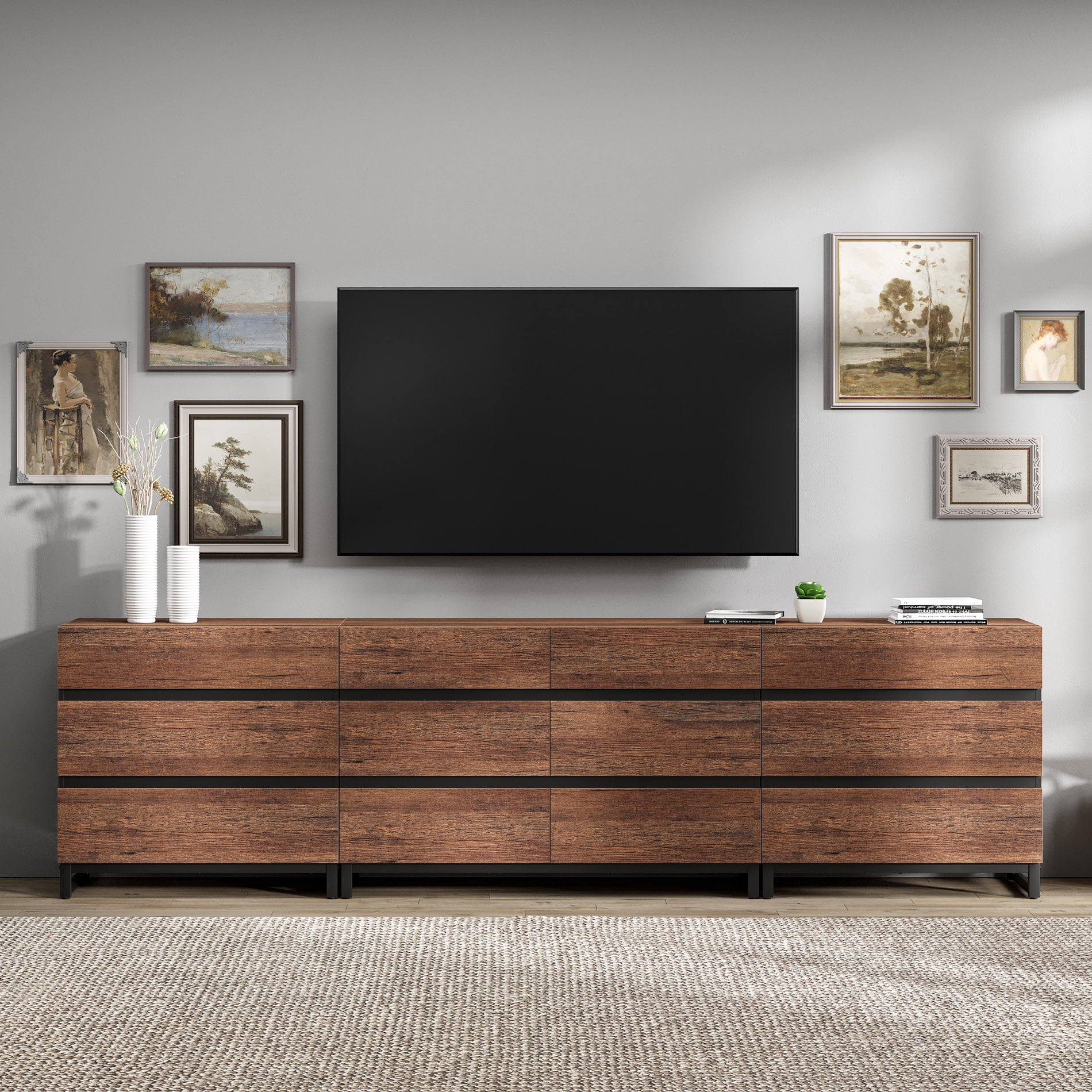Modern TV Stand For Tvs Up To 120 Inches, 3 In 1 TV Console With 12 Drawers, Media Console With Adjustable Shelf For Living Room,Brown