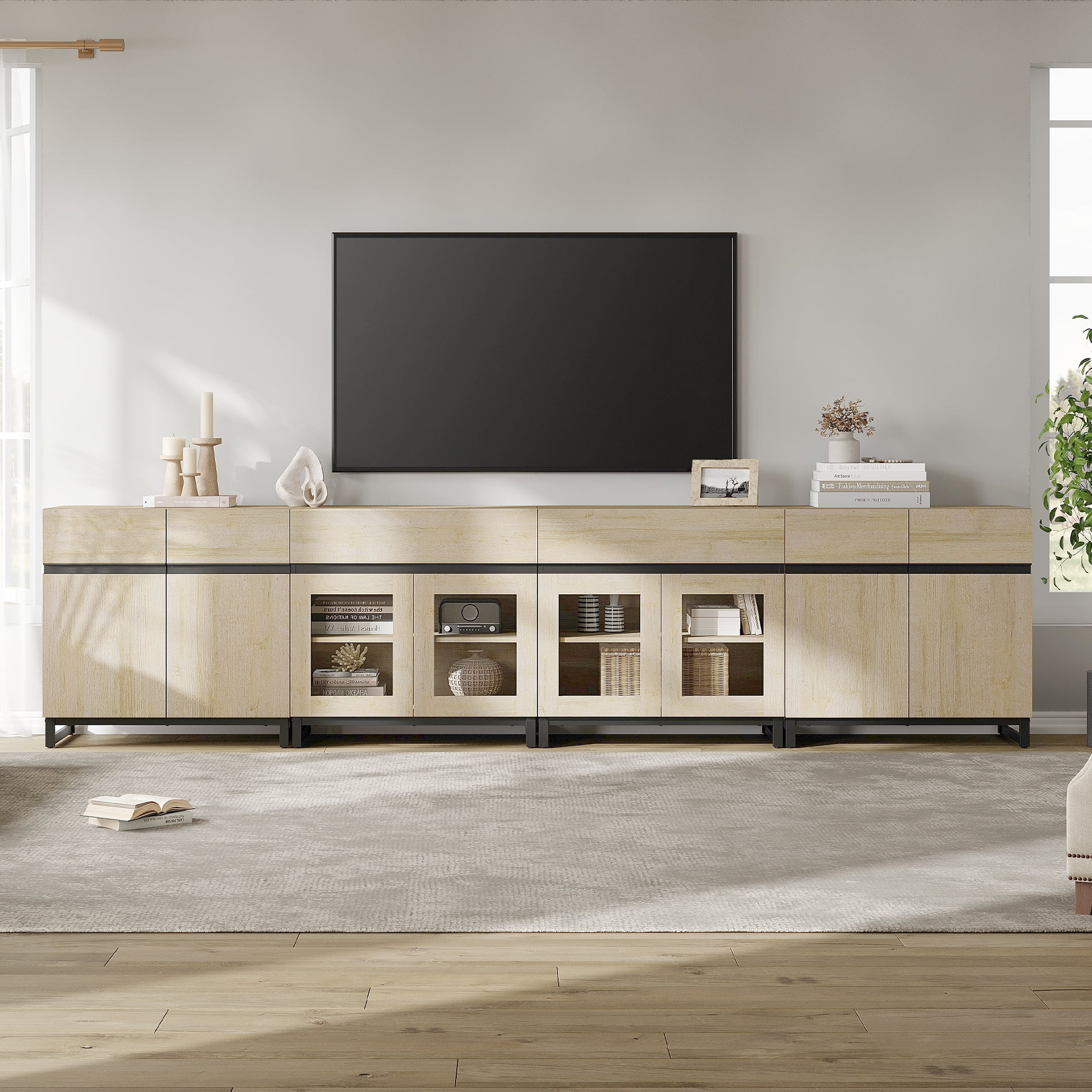 Modern TV Stand For Tvs Up To 120 Inches, 4 In 1 TV Console With Glass Doors And 2 Drawers, Media Console With Adjustable Shelf For Living Room,Beige