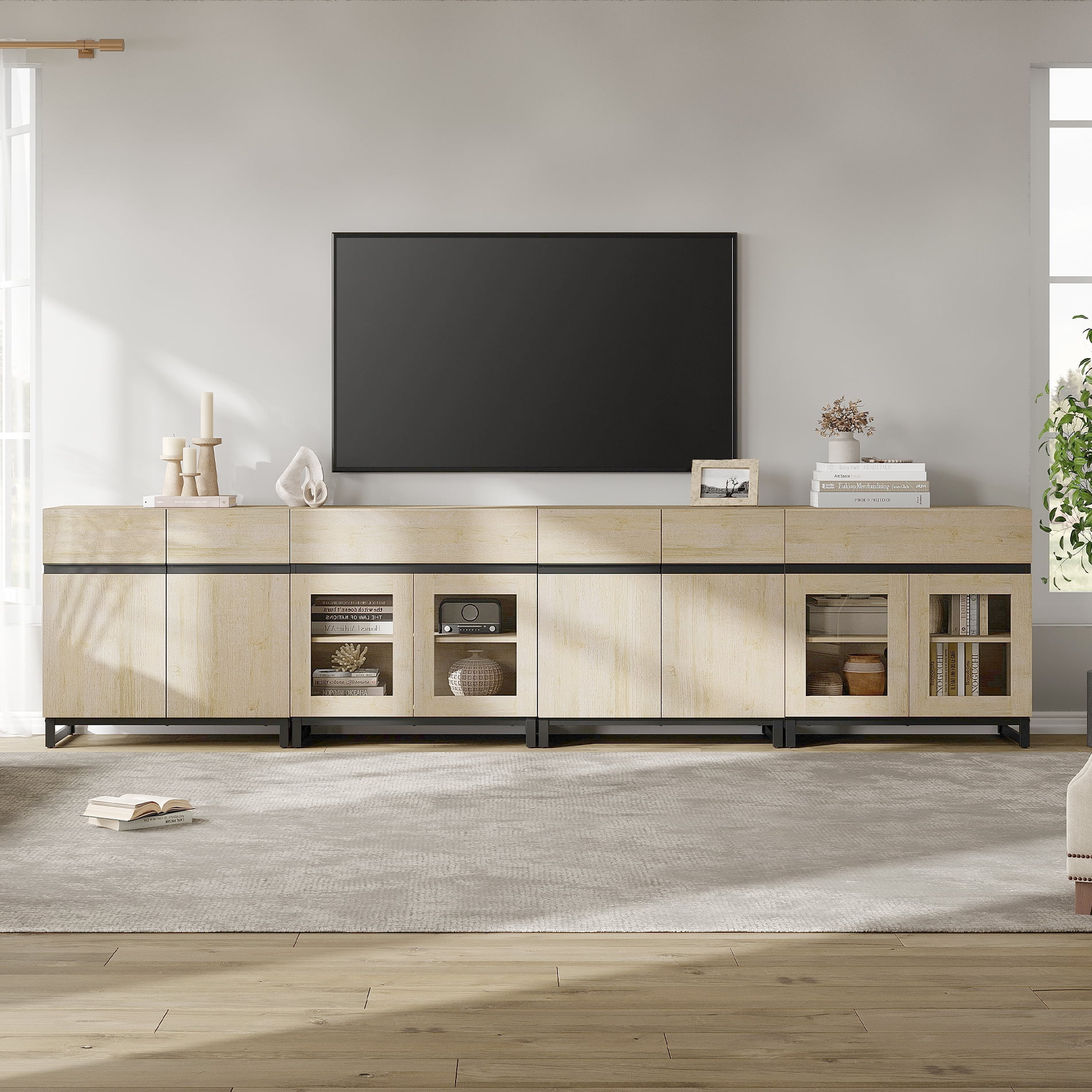 Modern TV Stand For Tvs Up To 120 Inches, 4 In 1 TV Console With Glass Doors And 2 Drawers, Media Console With Adjustable Shelf For Living Room,Beige