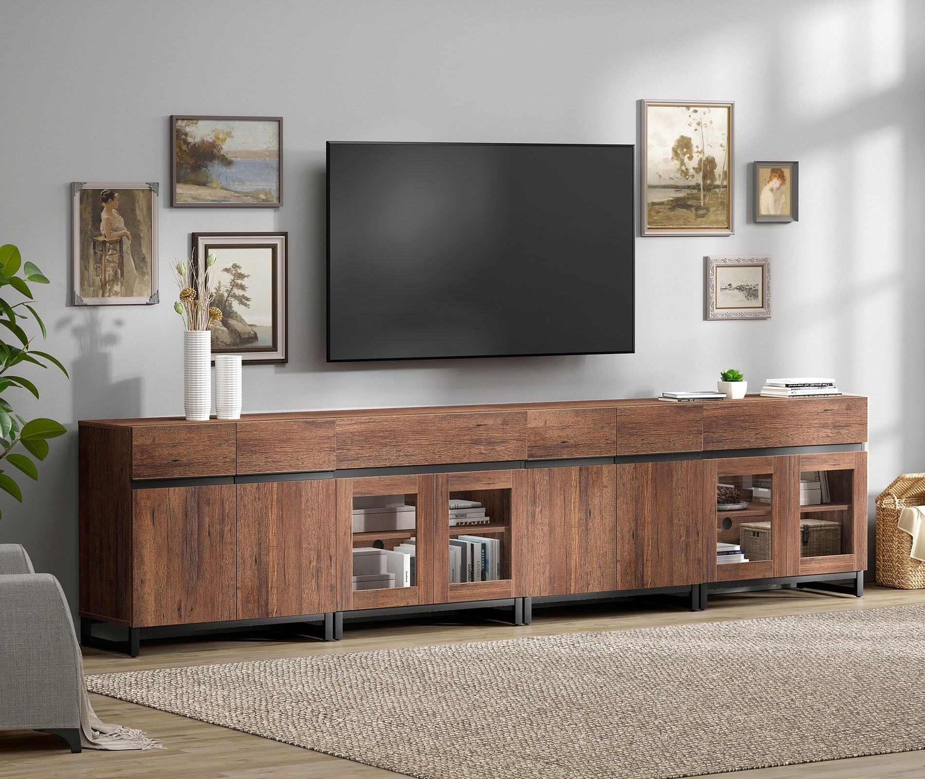 Modern TV Stand For Tvs Up To 120 Inches, 4 In 1 TV Console With Glass Doors And 2 Drawers, Media Console With Adjustable Shelf For Living Room,Brown