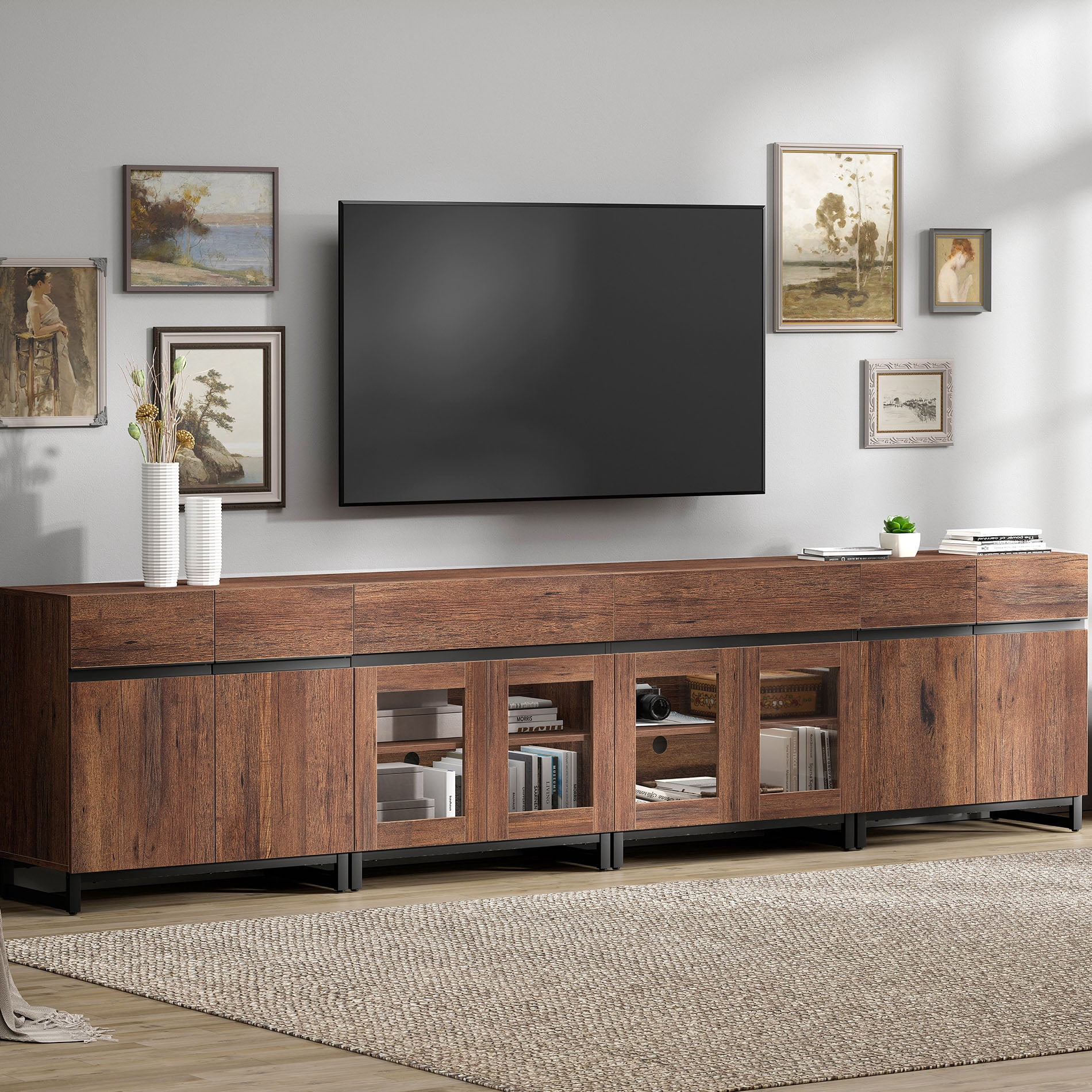 Modern TV Stand For Tvs Up To 120 Inches, 4 In 1 TV Console With Glass Doors And 2 Drawers, Media Console With Adjustable Shelf For Living Room,Brown
