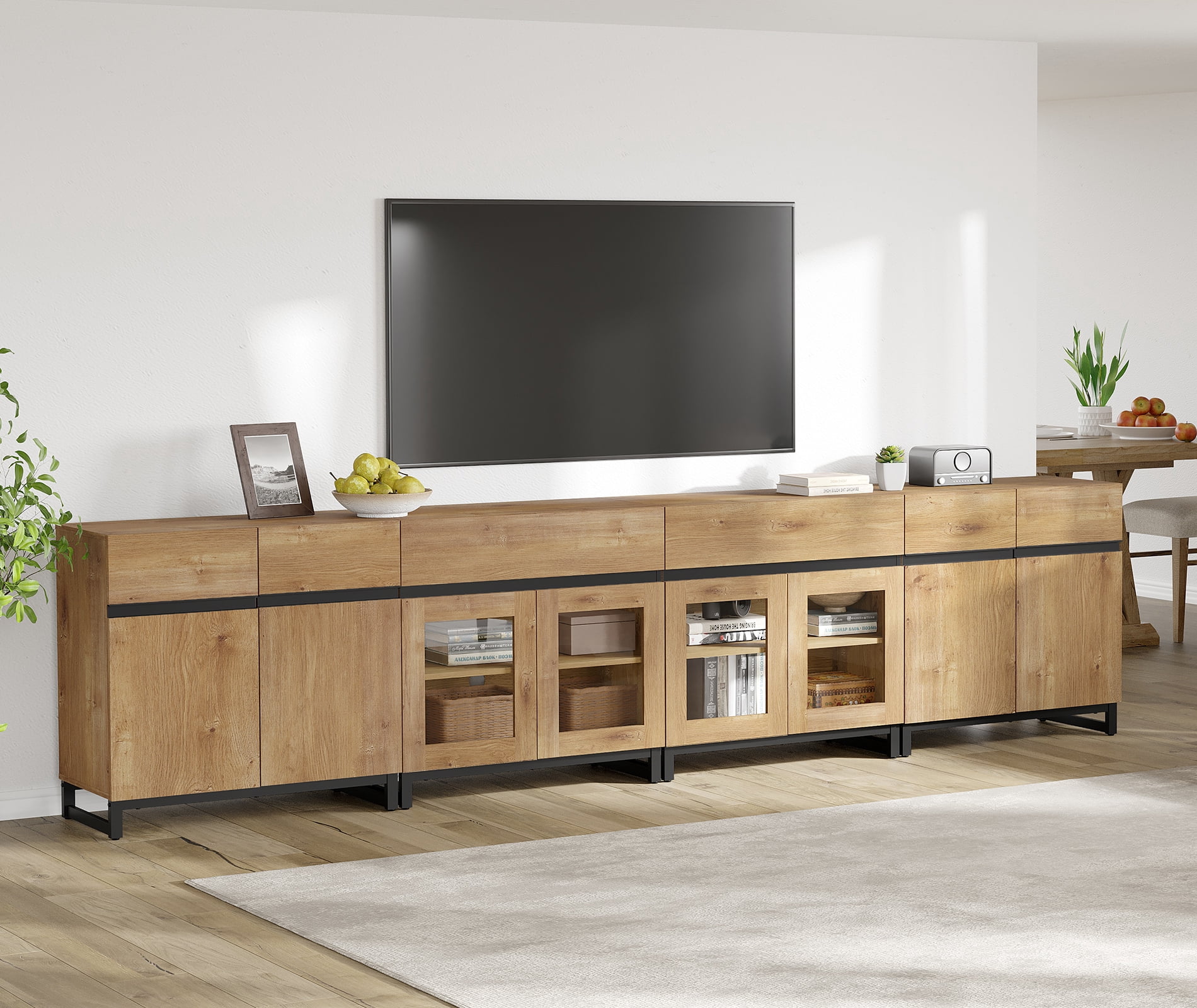 Modern TV Stand For Tvs Up To 120 Inches, 4 In 1 TV Console With Glass Doors And 2 Drawers, Media Console With Adjustable Shelf For Living Room,Oak