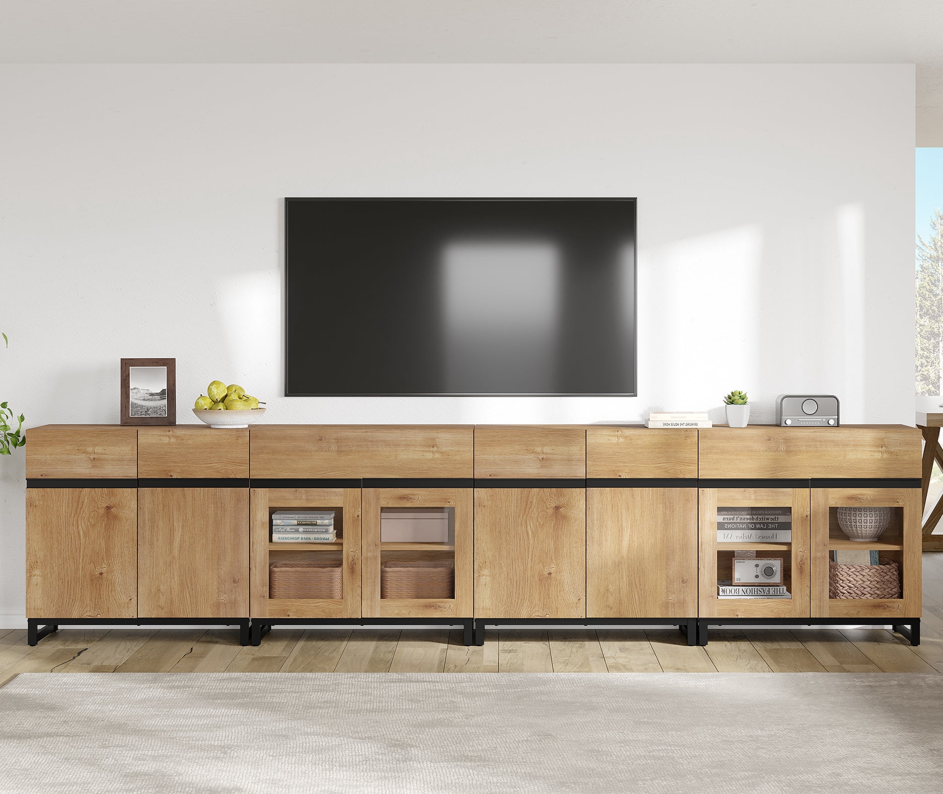 Modern TV Stand For Tvs Up To 120 Inches, 4 In 1 TV Console With Glass Doors And 2 Drawers, Media Console With Adjustable Shelf For Living Room,Oak