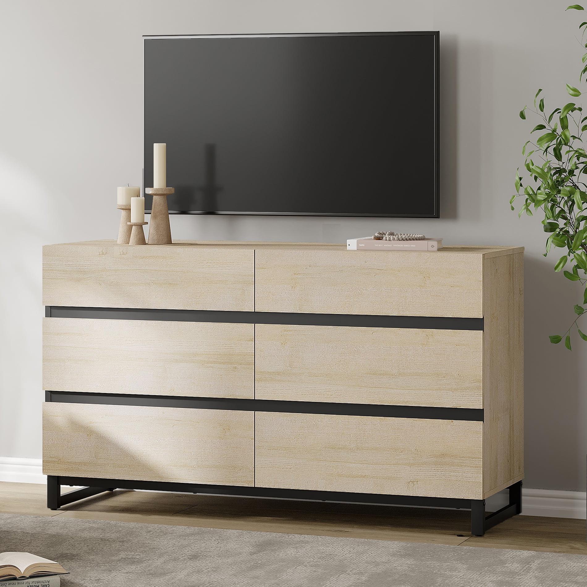Modern TV Stand For Tvs Up To 50 Inch, Entertainment Center With 6 Drawers And Metal Base, Media Console For Living Room, Bedroom,Beige