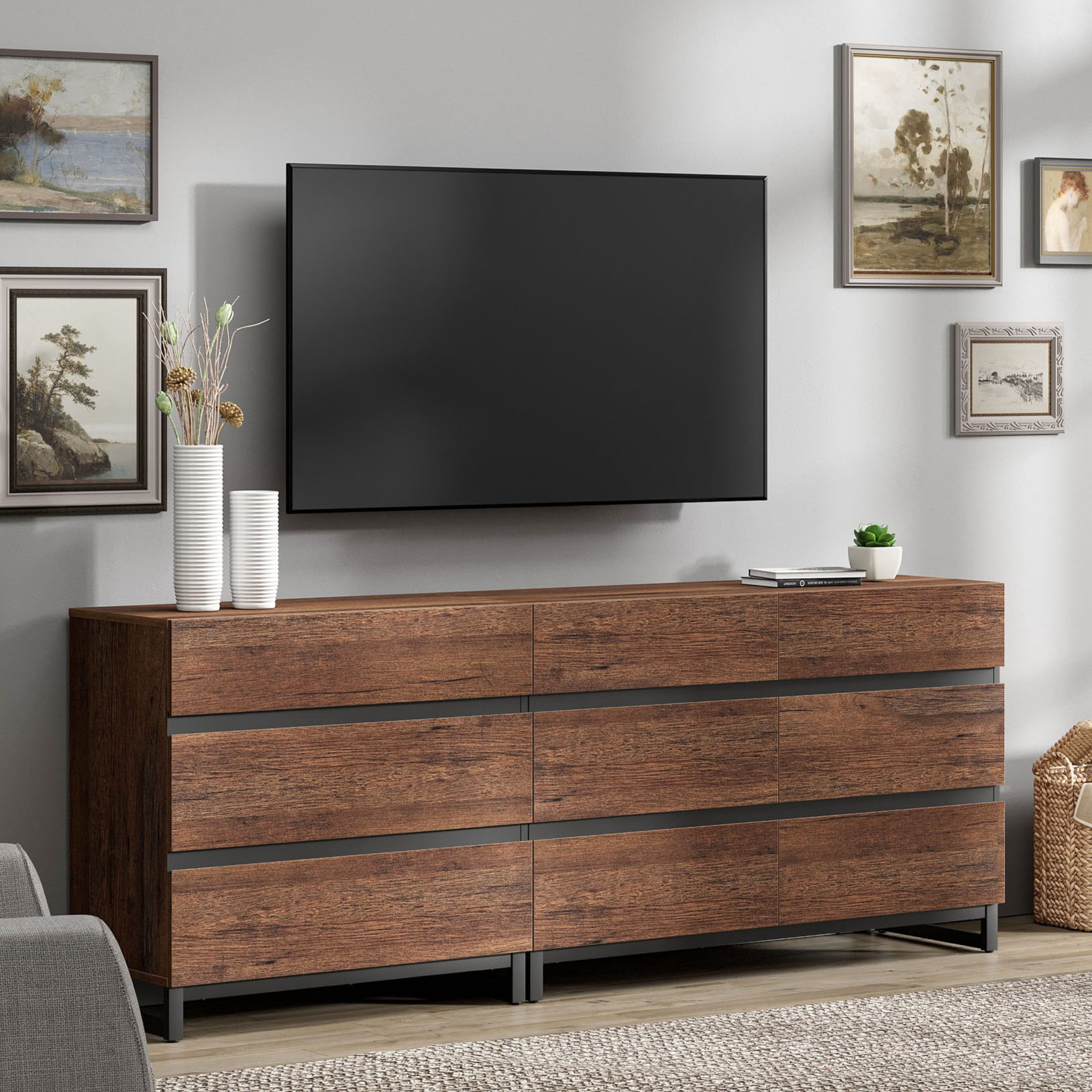 Modern TV Stand For Tvs Up To 90 Inches, 2 In 1 TV Console With 9 Drawers, Media Console With Adjustable Shelf For Living Room, Bedroom,Brown