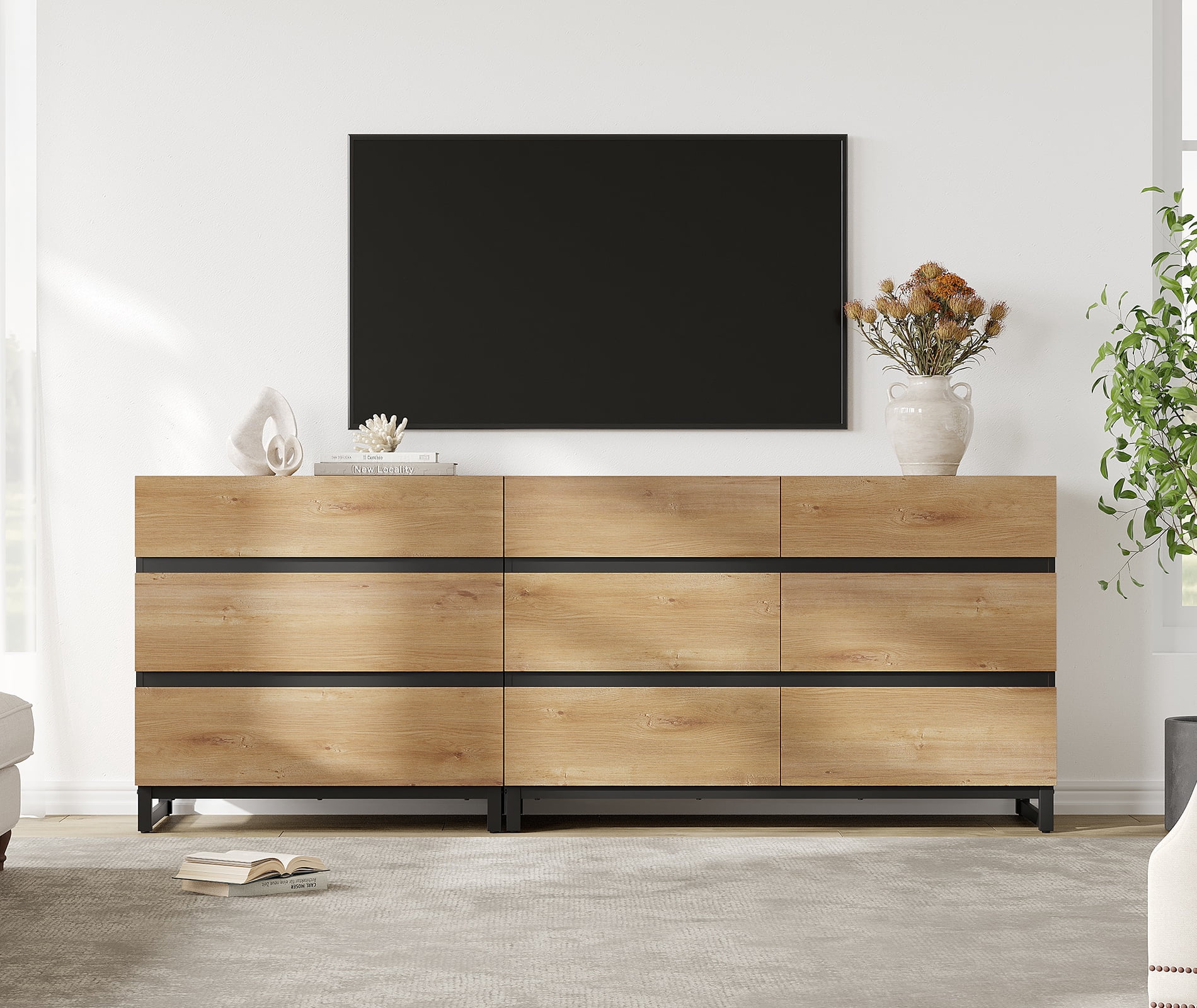 Modern TV Stand For Tvs Up To 90 Inches, 2 In 1 TV Console With 9 Drawers, Media Console With Adjustable Shelf For Living Room, Bedroom,Oak