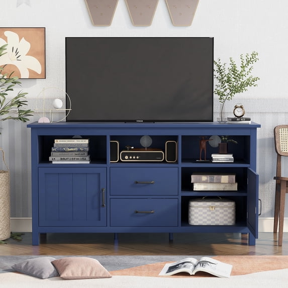 Modern TV Stand For TV Up To 68", Media Console Table With 2 Doors And 2 Drawers, Entertainment Center Sideboard With Open Storage Shelves For Living Room Bedroom