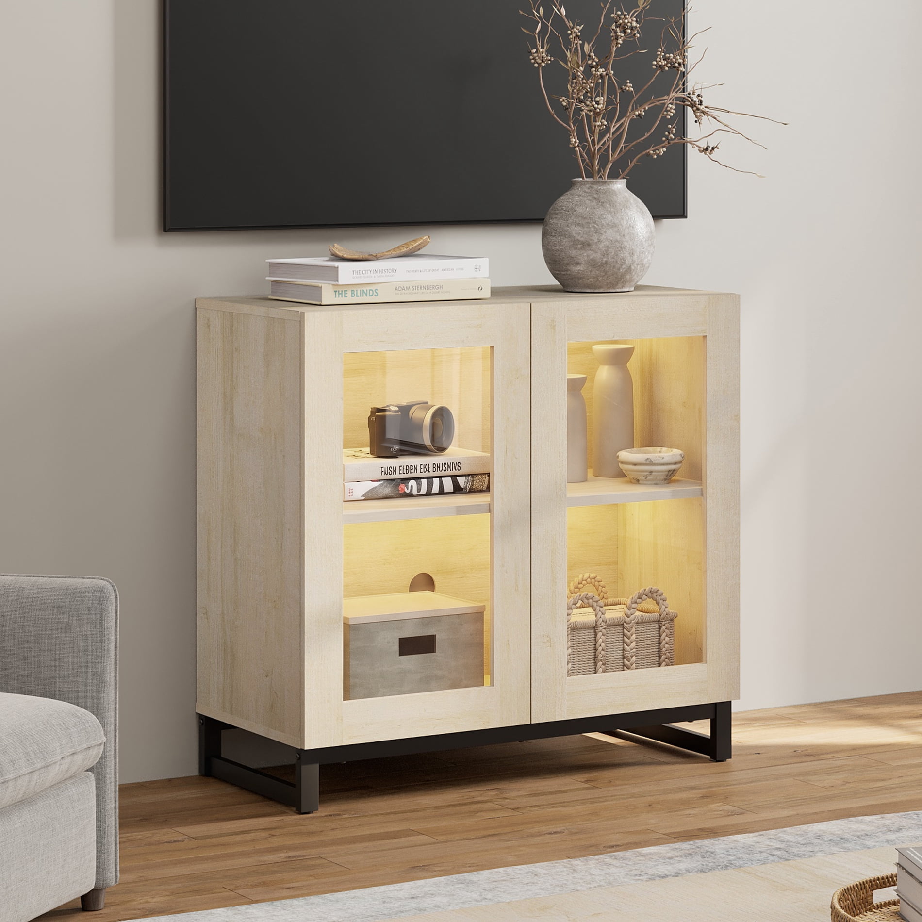 Modern TV Stand with Glass Doors, Entertainment Center TV Console with Adjustable Shelves, Media Storage Furniture for 32-40 Inch TVs, Suitable for Living Room,Beige