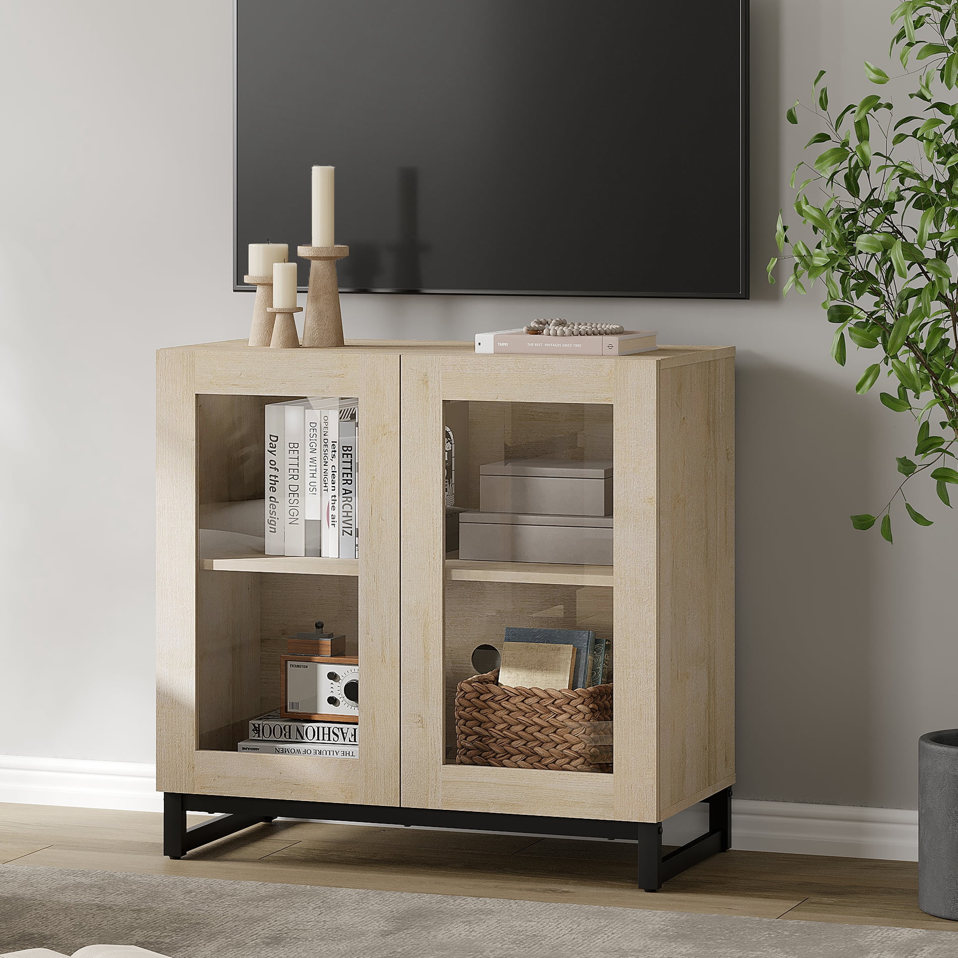 Modern TV Stand with Glass Doors, Entertainment Center TV Console with Adjustable Shelves, Media Storage Furniture for 32-40 Inch TVs, Suitable for Living Room,Beige