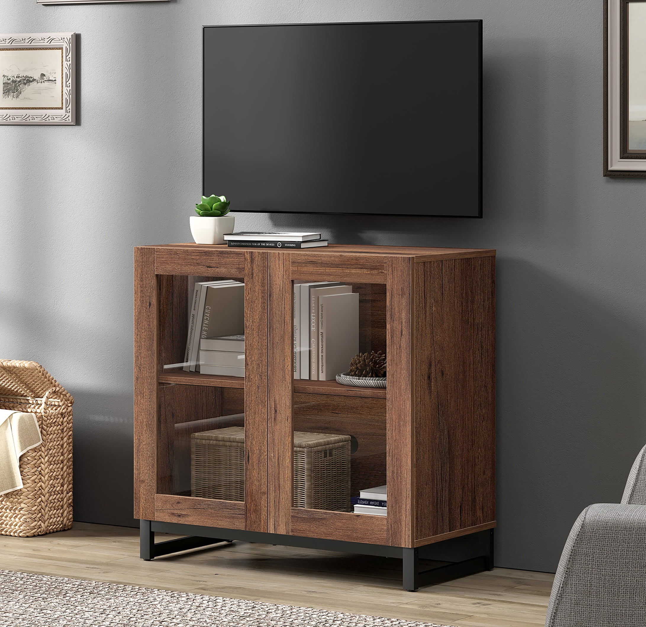 Modern TV Stand with Glass Doors, Entertainment Center TV Console with Adjustable Shelves, Media Storage Furniture for 32-40 Inch TVs, Suitable for Living Room,Brown