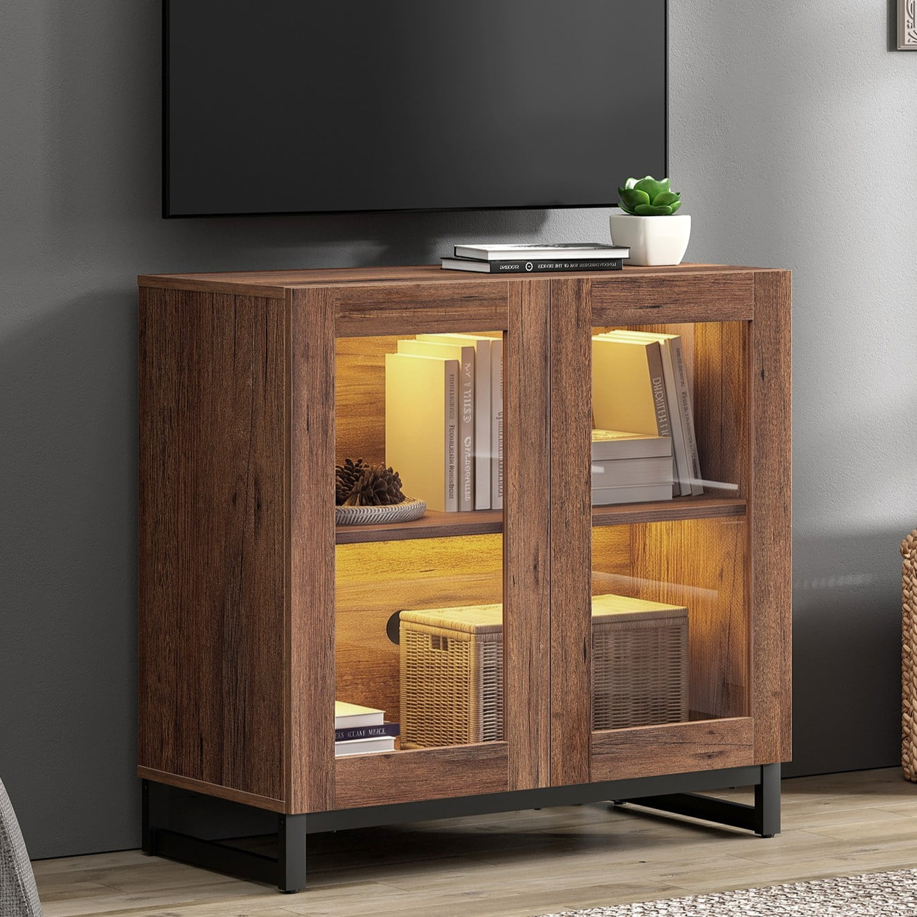 Modern TV Stand with Glass Doors, Entertainment Center TV Console with Adjustable Shelves, Media Storage Furniture for 32-40 Inch TVs, Suitable for Living Room,Brown