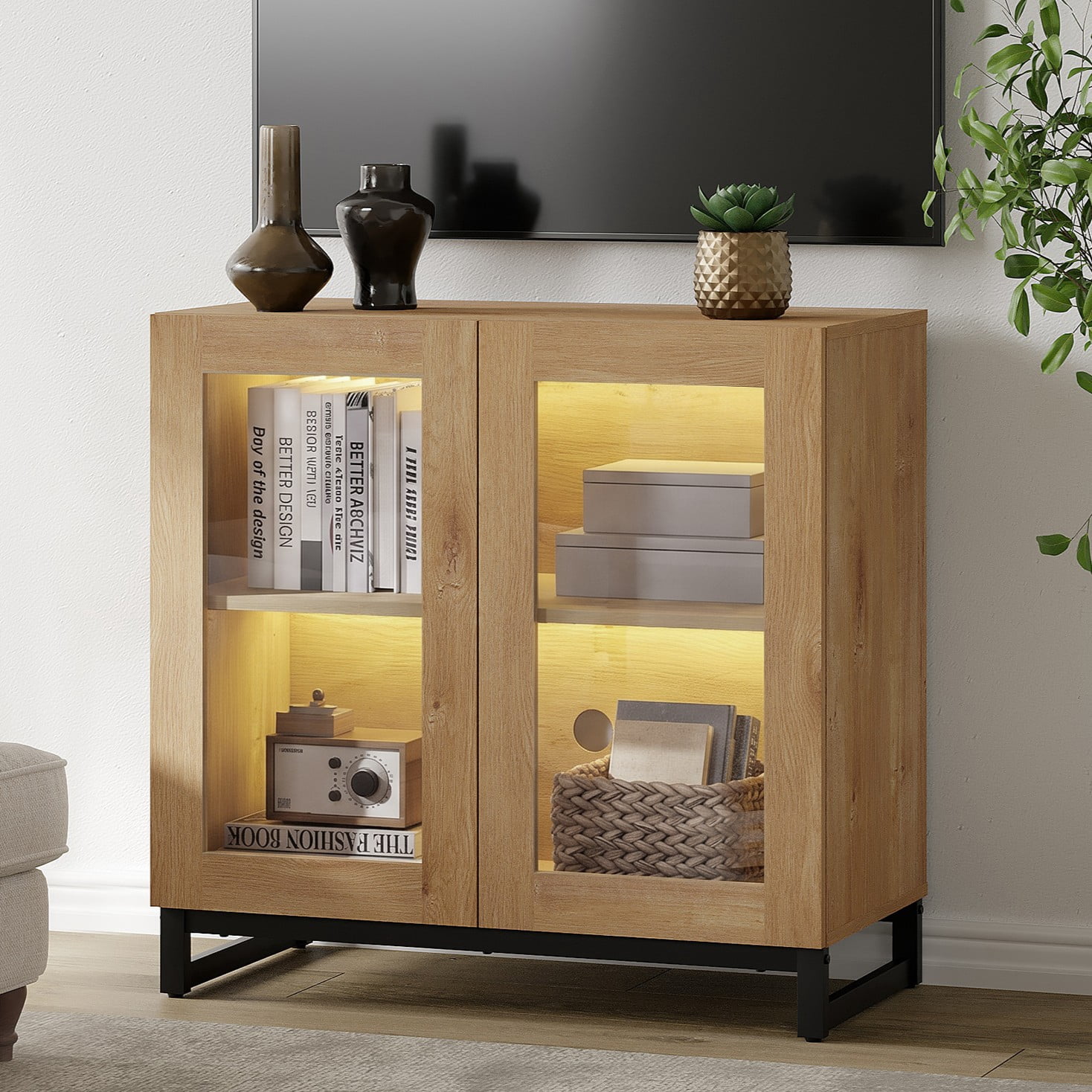 Modern TV Stand with Glass Doors, Entertainment Center TV Console with Adjustable Shelves, Media Storage Furniture for 32-40 Inch TVs, Suitable for Living Room,Oak