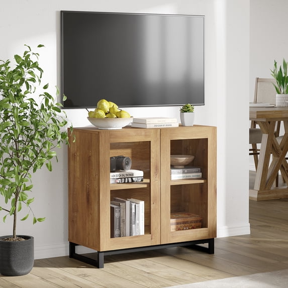 Modern TV Stand with Glass Doors, Entertainment Center TV Console with Adjustable Shelves, Media Storage Furniture for 32-40 Inch TVs, Suitable for Living Room,Oak