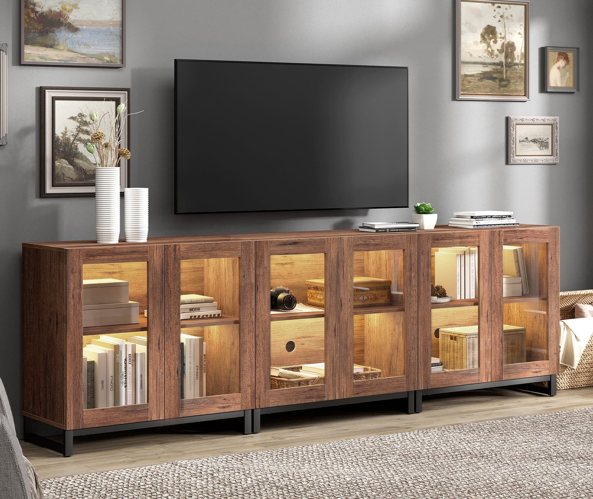 Modern TV Stand with Glass Doors, Entertainment Center TV Console with Adjustable Shelves, Media Storage Furniture up to 70 Inch TVs, Suitable for Living Room,Brown