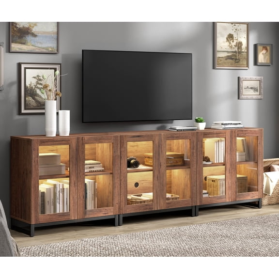 Modern TV Stand with Glass Doors, Entertainment Center TV Console with Adjustable Shelves, Media Storage Furniture up to 70 Inch TVs, Suitable for Living Room,Brown