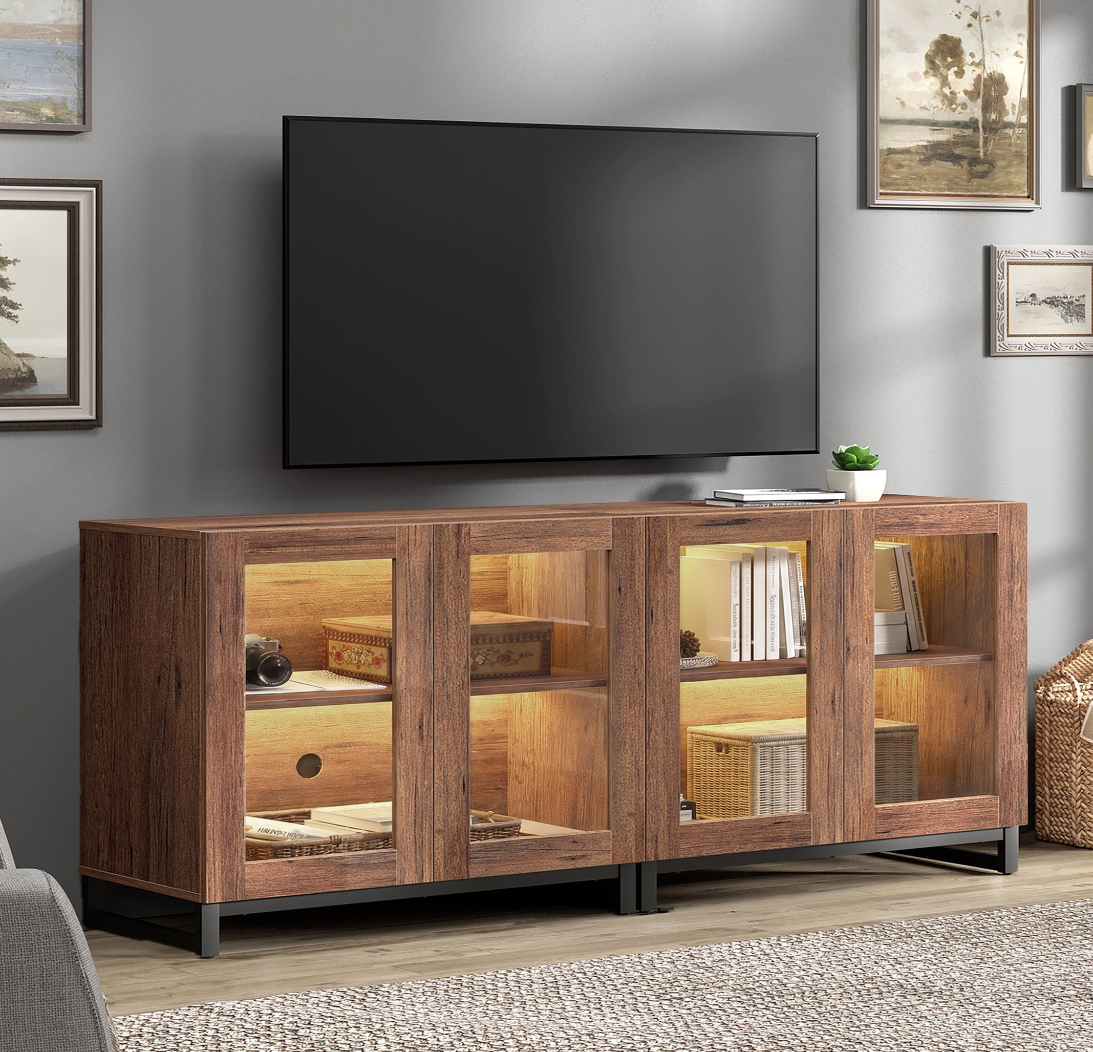 Modern TV Stand with Glass Doors, Entertainment Center TV Console with Adjustable Shelves, Media Storage Furniture up to 70 Inch TVs, Suitable for Living Room,Brown