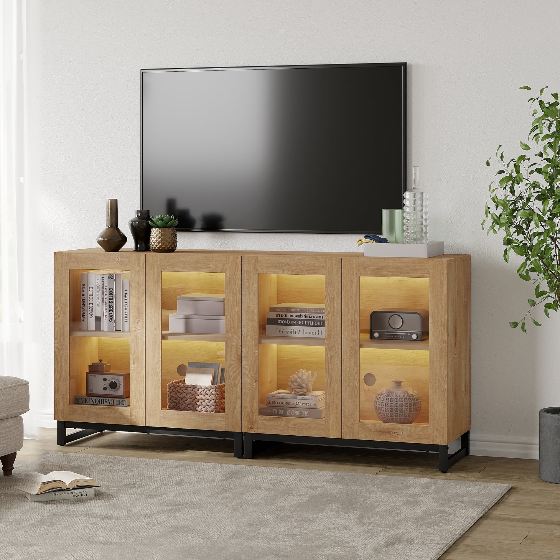 Modern TV Stand with Glass Doors, Entertainment Center TV Console with Adjustable Shelves, Media Storage Furniture up to 70 Inch TVs, Suitable for Living Room,Oak